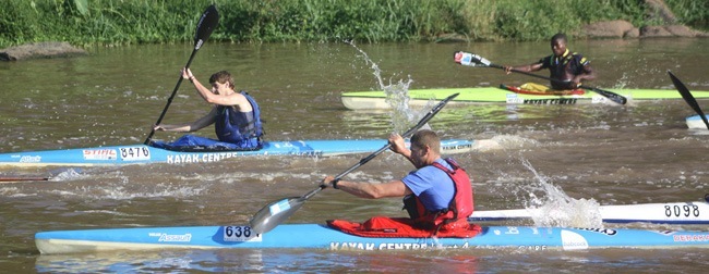 Hank McGregor (foreground) posted an emphatic victory in the Pope's Canoe Centre Alan Gardiner Memorial race from Ibis Point to Dip Tank, a seeding race for The Unlimited Dusi next month