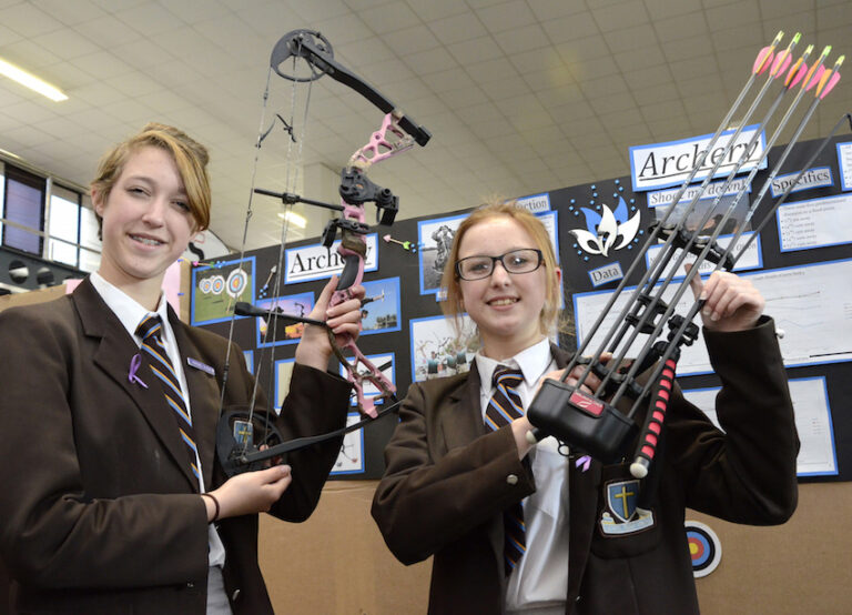 Rachel Olsen, left, and Nicole Graetz, Grade 9 learners at Kloof High School, gathered data which showed that the lighter the arrow head used in archery, the lower the angle of trajectory which is required to hit the target.