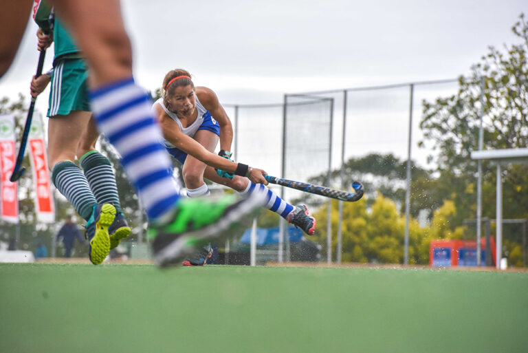 SPAR KZN School Girls’ Hockey Star player, Tegan Fourie from St Mary’s DSG gets down low for a drag-flick during a short corner against Pietermaritzburg Girls’ High School in the second semi-final at the SPAR KZN School Girls’ Hockey Challenge that took place at St Mary’s DSG.